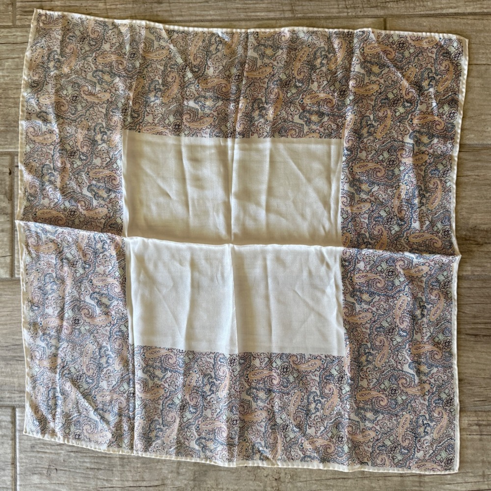 Vintage 100% Silk Scarf Made in Japan Paisley Border Ivory Square Neckerchief